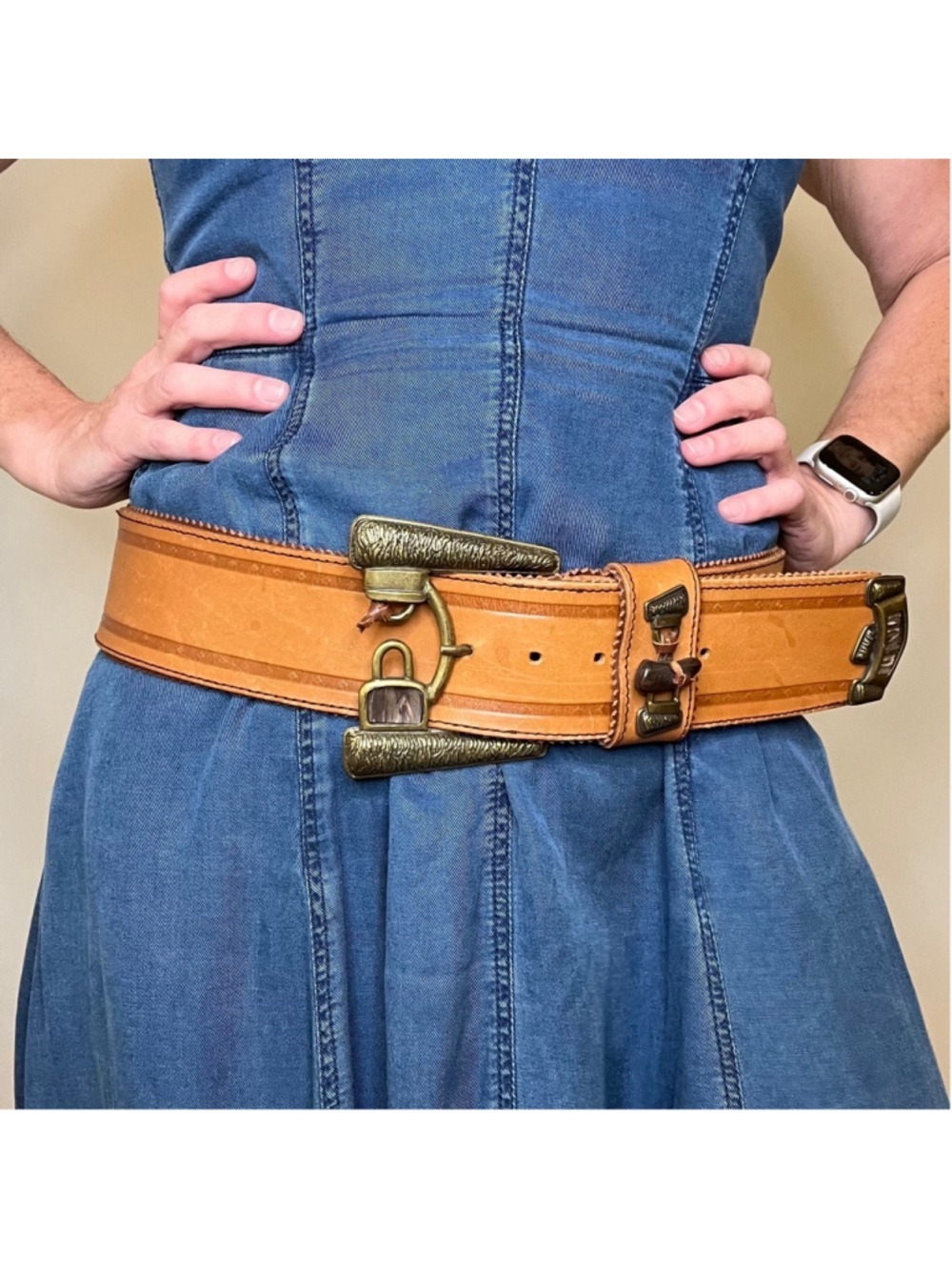 MINORONZONI Italian Vintage Leather Belt, Caramel Tan, Large Western Buckle, XL - Picture 5 of 13